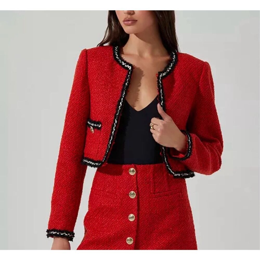 ASTR the Label Milena Button-Front Collarless Tweed Jacket Red Medium